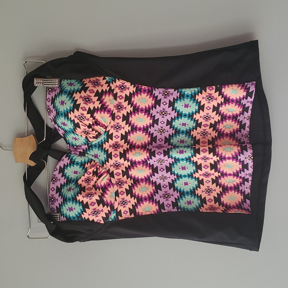 Catalina Black Pink Aztec Print Swimsuit Halter Tank Top Womens 34-36 B/C